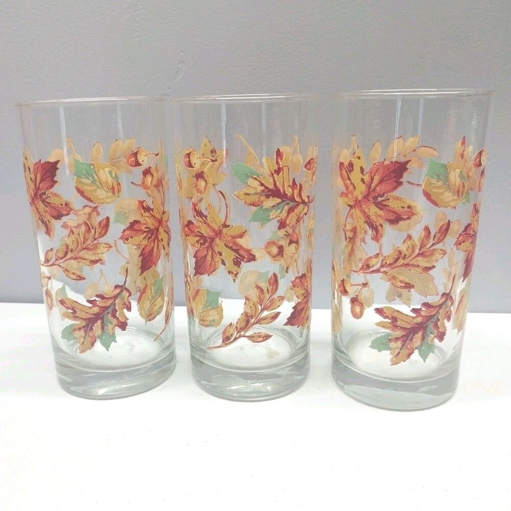 Vintage Autumn Leaves Tumblers Set of 3 Retro Fall Harvest Drinking Glasses